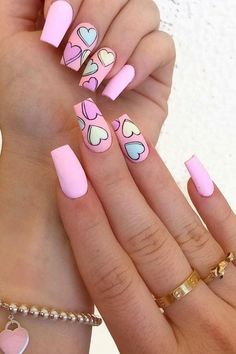 Valentine's Day Square Nails A Trendy Look For 2021 Amelia Infore Pink Nail Art Designs, Valentine Nail Art, Heart Nail Art, Heart Nail, Nail Designs Valentines, Pink Nail Art, Pink Acrylic Nails, Heart Nails, Valentine's Day Nails