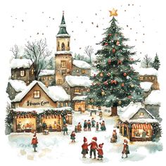 a watercolor painting of people skating around a christmas tree in front of a building