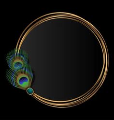 an image of a peacock feather in a circle on a black background with gold trimmings