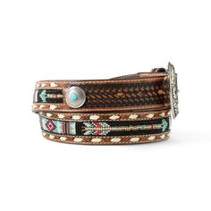 Suited to a bold and modern cowboy, this genuine leather belt features a colorful beaded inlay, antique silver and turquoise concho, and a floral silver buckle. A dynamic addition to any pair of jeans. Southwest Beaded Belt | Product Features : 0 : 1 1/2\ wide strap | Men's Southwest Beaded Belt in Beige Khaki Leather, Size: 36 by Ariat Traditional Adjustable Concho Belt, Southwestern Hand Tooled Adjustable Belt Buckles, Southwestern Hand-tooled Adjustable Belt Buckles, Southwestern Adjustable Belts With Antique Buckle, Southwestern Style Adjustable Belt With Antique Buckle, Southwestern Adjustable Belt With Antique Buckle, Southwestern Adjustable Belts For Western-themed Events, Adjustable Southwestern Belt For Western-themed Events, Southwestern Style Brown Concho Belt