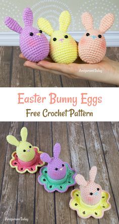 three crocheted easter bunnies sitting on top of each other in different colors