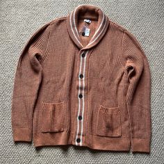 Nwt Mens Shawl Collar Cardigan Sweater. Camel With Cream Stripes. Front Botton Closure With Front Pockets. Classic Brown Cotton Cardigan, Brown Cotton Cardigan With Button Closure, Brown Cotton Sweater With Button Closure, Casual Brown Cotton Cardigan, Mens Shawl Collar Cardigan, Mens Shawl, Grandpa Cardigan, Navy Cardigan, Shawl Collar Cardigan