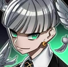 an anime character with white hair and green eyes, wearing a black suit and gold earrings