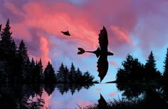 a dragon flying over a lake with trees in the background