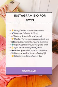 a woman laying on top of a bed next to a pink pillow with the text instagram bio for boys