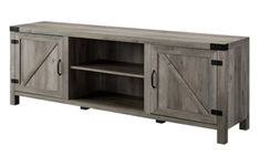 an entertainment center with sliding doors on the front and bottom, in grey wash wood