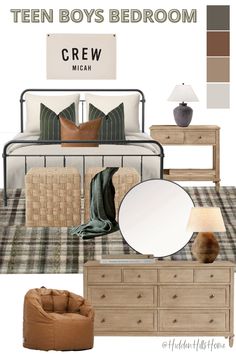 Teen boys bedroom decor mood board with green and brown tones! Teenage boys bedroom decor ideas Modern Earthy Bedroom Bedding, Magee And Co Bedroom, Green Walls Boys Bedroom, Teen Bedroom Decor For Boys, Hunter Green Boys Room, Green Teen Boy Bedroom, Boys Teenage Room Ideas, Dark Green Boys Bedroom, Teen Boy Bedroom Green