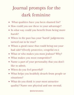 Journal prompts to help you connect with your dark feminine energy ❤️‍🔥 #femininebeauty #feminineenergy #femininity #femininebeauty #girlhood #empowerment #empoweringwomen #tips #journaling #journalprompts #healing #divinefeminineenergy #aesthetic #goddess #confidence #woundedfeminine #journalideas #shadowwork #selflove #selfcare #selfreflection #darkfeminineenergy #darkfeminine #darkfemininity Gentle Journal Prompts, Dark Feminine Journal Ideas, Dark Feminine Questions, Queer Journal Prompts, Shadow Work Journal Prompts Career, Feminine Energy Prompts, Wounded Feminine Healing Prompts, Dark Academia Journal Prompts, Dark Feminine Shadow Work Prompts