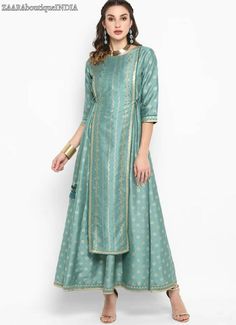 HAND WOVEN MAXI DRESS *Green and Gold-toned printed layered woven maxi dress, has a round neck, three-quarter sleeves, and flared hem *Fabric:- Material: Silk *Wash Care:- Hand Wash AVAILABLE IN 7 SIZES THEY ARE IN FOLLOWING MEASUREMENTS IN INCHES:- XS:- Bust-34/Waist-30/Shoulder-13.5/Hips-37/Length-52 S:- Bust-36/Waist-32/Shoulder-14/Hips-39/Length-52 M:- Bust-38/ Waist-34/Shoulder-14.5/Hips-41/Length-52 L:- Bust-40/Waist-36/Shoulder-15/Hips-43/Length-52 XL:- BUST-42/Waist-38/Shoulder-15.5/Hips Ethic Dress, Front Neck Design, Stylish Frocks, Golden Gown, Silk Anarkali, Party Wear Kurtis, Indian Party Wear, Party Kleidung, Fashion Enthusiast