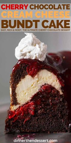 a slice of cherry chocolate cream cheese bundt cake