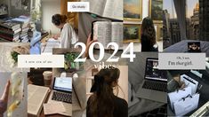 a collage of images with people working on laptops and books in them, including one woman reading