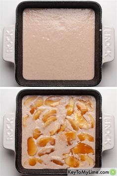 two pans filled with food sitting on top of a white counter next to each other