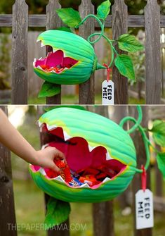 the paper lantern is made to look like a plant with its mouth open and leaves on it