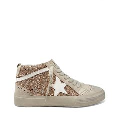 Super cute rose gold glitter high top sneakers featuring a white strip accent, white star, and eyelet detailing Runs true to size Rose Gold Sparkle, Rose Gold Sneakers, Cute Rose, High Top Sneaker, Star Shoes, Judy Blue Jeans, Star Sneakers, Swimsuit Set, Kids Swimwear