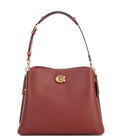 This Coach Willow shoulder bag in colorblock pebble leather will add a touch of sophistication to your casual outfits.  With a turn lock closure and adjustable strap, this medium-sized tote is perfect for everyday use.  The burgundy leather handle and detachable strap add a pop of color to the wine-colored exterior.  The interior features bottom studs, inner pockets, and a convertible design, making it versatile for any occasion.  Made of high-quality leather with brass hardware, this Coach Willow bag is a designer piece that is both stylish and functional. Complete with an original dust bag, this shoulder bag is the perfect addition to any fashion-forward woman's collection. Details: Polished pebble leather Turn-lock closure Inside snap pocket Center zip compartment Detachable handle Deta Coach Willow, Polished Pebble, High Quality Leather, Leather Handle, Pebbled Leather, Coach Bags, Gold Hardware, Bucket Bag, Color Blocking