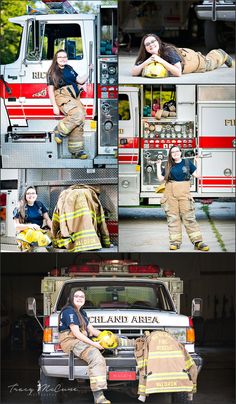 the firefighter is posing for pictures in front of her truck and holding a ball