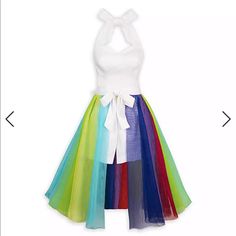 From The Disney Parks Dress Shop Collection Comes This White Halter Top Shorts Romper With Removable Layered Rainbow Skirt Made Up Of Sheer Panels Representing The Colors Of All The Emotions In Disney And Pixar's Inside Out. You Be Filled With Joy To Wear It, Sending Sadness Away For Another Day! Fitted Disney Dresses For Spring, Fitted Disney Spring Dresses, Spring Sleeveless Disney Dresses, Disney Sleeveless Spring Dress, Multicolor Disney Dresses For Summer, Multicolor Disney Summer Dresses, Disney Multicolor Summer Dresses, Fitted Disney Dress For Summer, Split Front Skirt