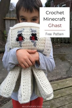 a little boy holding a crochet minecraft ghost pillow with text overlay that reads, free pattern