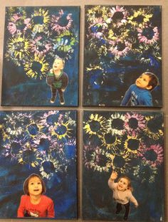 four pictures of children with flowers on them