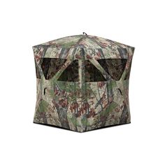 the camouflaged umbrella is open and ready to be used for outdoor activities, such as hunting