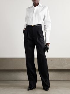 A crisp shirt offers endless styling options, so you're sure to get a lot of wear out of SAINT LAURENT's style. Made from cotton-poplin, it has a spread collar and subtle 'YSL' embroidery. Wear it with anything from a slip skirt to sharp tailoring. Ysl Pants Women, Ysl Style, Corporate Fashion, Exclusive Dress, Cotton Poplin Shirt, Slip Skirt, Chunky Sweater, Poplin Shirt, Summer Hats