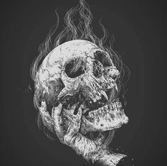 a drawing of a human skull with flames coming out of it's mouth and hands