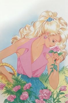 a painting of a blonde woman smelling flowers