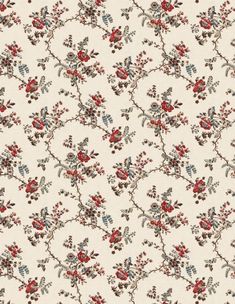 a white background with red and blue flowers on the bottom right corner is an old fashioned wallpaper