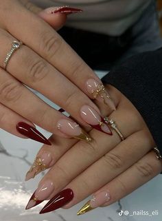 Wine Nails Acrylic Art Designs, Hollywood Nails Ideas, Red White And Gold Nails Acrylic, 2yk Nails Ideas, Red Nail Designs Coffin Shape, Cherry Red Aura Nails, Maroon Birthday Nails, New Years Nails Design Almond, Tet Nails Design