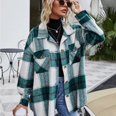 Plaids Shacket Women Oversized Jacket Cardigan Button Front Oversized Fit Pockets Fashion, Long Sleeve Outerwear, Coat Pocket, Oversized Jacket, Plaid Jacket, Green Plaid, Crop Jacket, Womens Plaid, Style Vintage