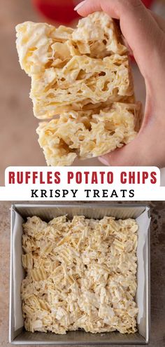 two pictures with different types of food in them and the words ruffles potato chips krispy treats