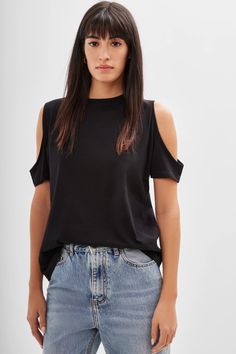 Black Geometric Cutout Tee - Cornelia Top | Marcella Edgy Relaxed Spring T-shirt, Edgy Relaxed Fit T-shirt For Spring, Casual Cold Shoulder Cotton Top, Casual Cotton Cold Shoulder Top, Modern Summer Tops With Shirttail Hem, Modern Tops With Shirttail Hem For Summer, Chic Spring T-shirt With Shirttail Hem, Spring Edgy Relaxed Fit Tops, Chic Relaxed Fit T-shirt For Casual Gatherings