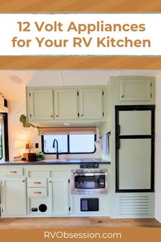 an rv kitchen with white cabinets and black appliances on the counter top is featured in this post