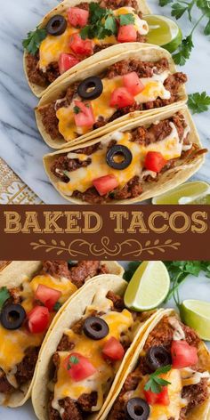 three tacos on a plate with limes, tomatoes and black olives in the background