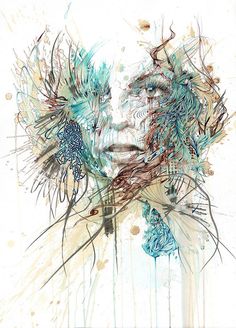 an artistic drawing of a woman's face with blue and brown paint splatters