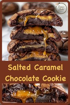 salted caramel chocolate cookie sandwiches stacked on top of each other with the words salted caramel chocolate cookies