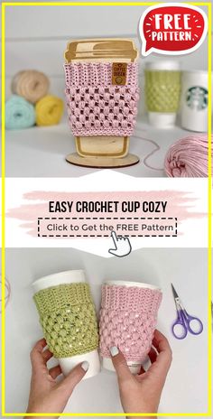 crochet coffee cup cozyies with instructions to make them in two different colors