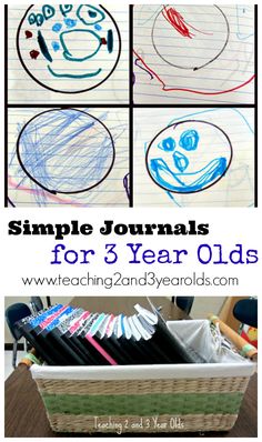 the three year old's simple journal is filled with drawings, pencils and markers