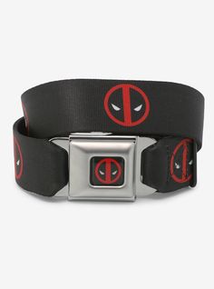 Give your superhero outfit a little extra charm with this seatbelt belt! Featuring Deadpool's logo all around. Comes with a metal seatbelt buckle-style closure.Man-made materials1 12" wide; adjustable for pant sizes 24 to 38Made in USAItem cannot be shipped to P.O. Boxes Seat Belt Belt, Gaming Bedroom, Deadpool Logo, Seatbelt Belt, Right Arrow Icon, Super Hero Outfits, Location Icon, Marvel Deadpool, Seat Belt