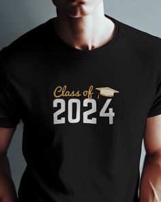 Step into Success with Our Class of 2024 Graduation T-Shirt - 2024 Senior Class  Celebrate your remarkable achievement with our Class of 2024 Graduation T-Shirt. Designed to commemorate this significant milestone, our stylish tee is a perfect way to showcase your pride and mark the beginning of a new chapter. Crafted with premium quality materials, it offers both comfort and durability, ensuring that it becomes a cherished keepsake for years to come. The prominent "Class of 2024" design boldly d Casual T-shirt With Text Print For Graduation, Graduation T-shirt With Letter Print, College Graduation Letter Print T-shirt, Graduation Graphic Print Short Sleeve T-shirt, Graduation Gift Short Sleeve T-shirt With Text Print, Short Sleeve T-shirt With Text Print For College Events, Short Sleeve Text Print T-shirt For Graduation, Cotton Graduation T-shirt, Graduation Gift Text Print T-shirt