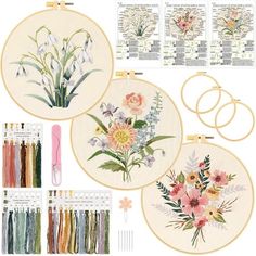 cross stitch kits with flowers on them and instructions for each item in the package, including two hoop frames