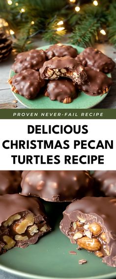 delicious christmas pecan turtles recipe on a green plate