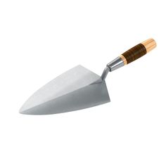 a metal and wood handled shovel with a wooden handle on the tip, isolated against a white background