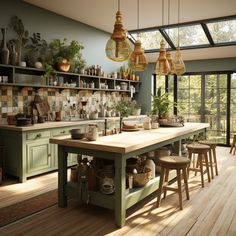 a large kitchen with lots of green cabinets and wooden flooring, along with potted plants