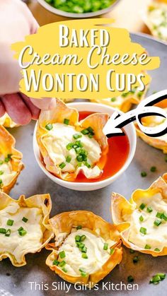 baked cream cheese wonton cups Cream Cheese Wonton Cups, Handheld Appetizers, Baked Wontons, Baked Cream Cheese, Cheese Wontons