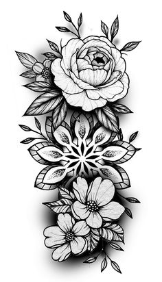 a black and white drawing of flowers with leaves on the bottom half of each flower