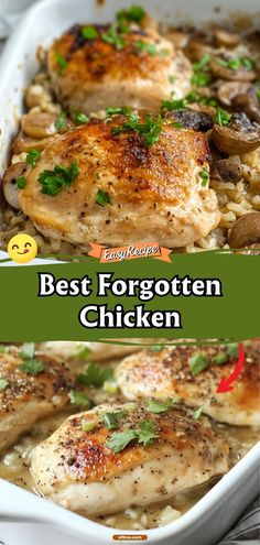 the best chicken and rice casserole recipe is shown in two different images, with text overlay