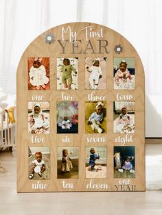 a wooden frame with pictures and words on it that says, my first year is five years