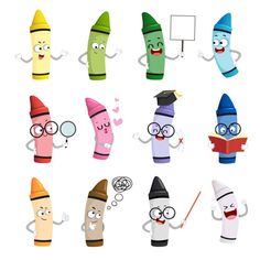 cartoon crayons with funny faces and glasses