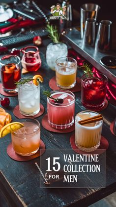 a wooden table topped with glasses filled with different types of drinks and garnishes